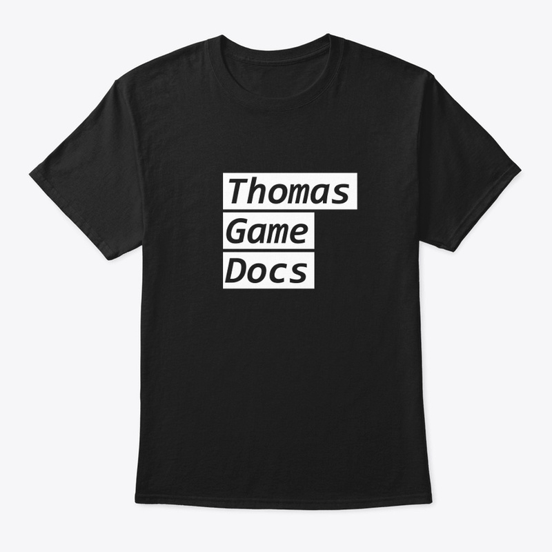 A t-shirt with the text 'Thomas Game Docs' in the center